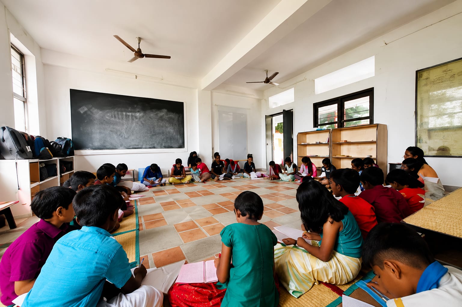 Children and mentors seated together on the floor during a shared session at Mango Woods