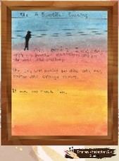 A child’s framed sunset painting and writing from the art space